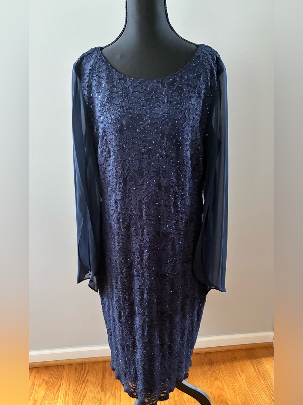Navy Lace & Sequin Long-Sleeve Dress